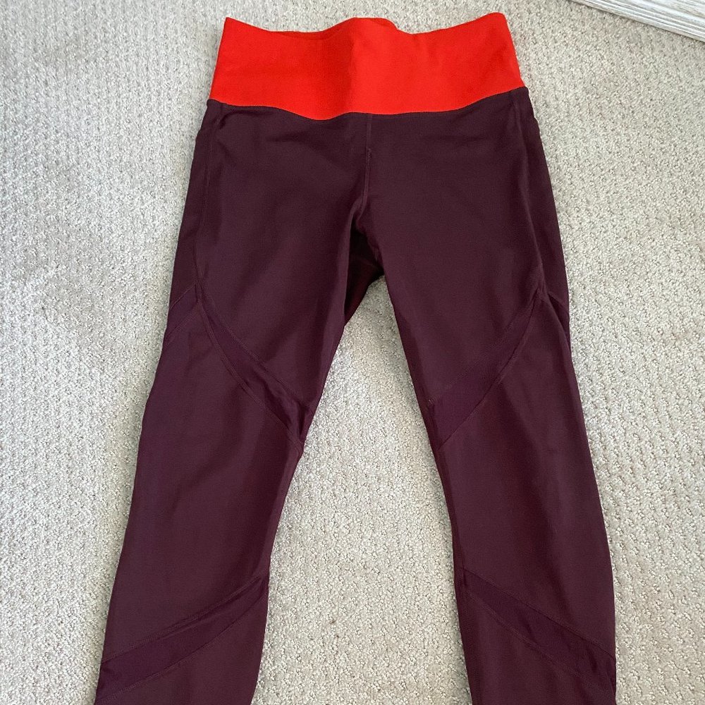 Athleta Maroon Mesh Long Leggings with Orange Band